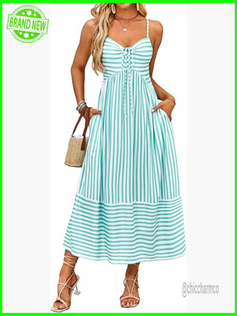 Trendy Striped Maxi Dress With Pockets Summer Vacation Boho Spaghetti Strap